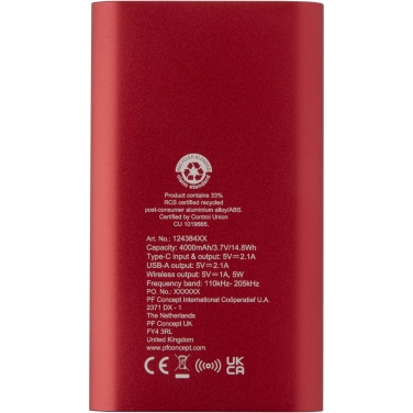 Logotrade Werbegeschenke das Foto: Juice 4000 mAh Typ-C kabellose Powerbank aus recyceltem Aluminium 