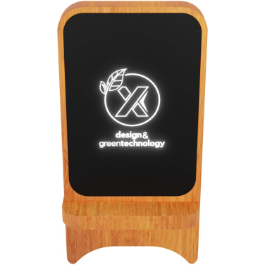 Logotrade Logogeschenke das Foto: SCX.design W16 kabelloser 10-Watt-Ladeständer aus Holz mit Leuchtlogo
