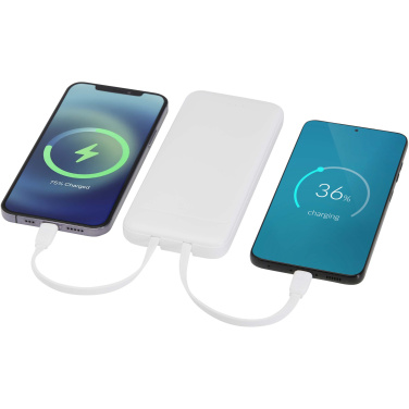 Logotrade Werbeartikel das Foto: Adhil 10 W 10.000 mAh Powerbank aus recyceltem Kunststoff mit 2 integrierten Kabeln