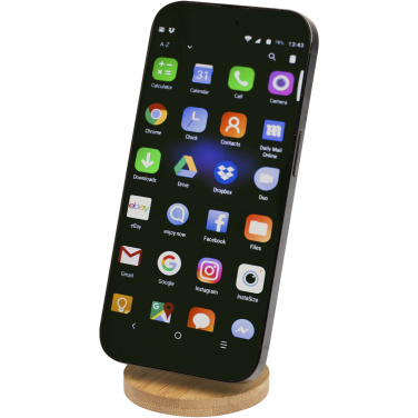 Logotrade Geschäftsgeschenke das Foto: Alcor Klappbare magnetische Smartphonehalterung aus recyceltem Kunststoff mit Bambusdetails