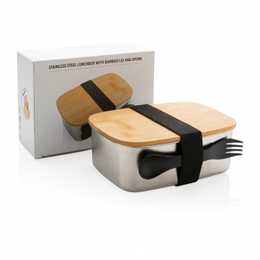 Logo trade corporate gifts picture of: Stainless steel lunchbox with bamboo lid and spork