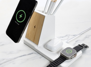 Logotrade advertising products photo of: Ontario recycled plastic & bamboo 3-in-1 wireless charger