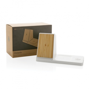 Logo trade advertising products picture of: Ontario recycled plastic & bamboo 3-in-1 wireless charger