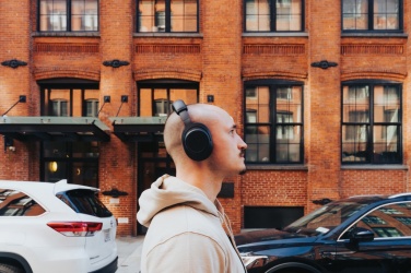 Logotrade promotional item image of: Irvine RCS recycled and repairable ANC wireless headphone