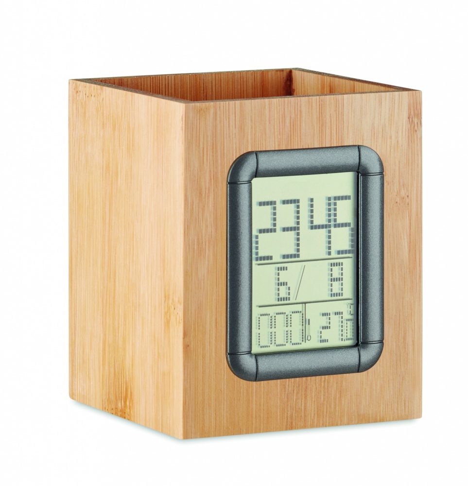 Logo trade business gifts image of: Bamboo pen holder and LCD clock