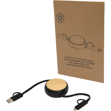 Logotrade advertising product picture of: Chechia 5-in-1 recycled plastic 100 cm retractable data sync and 45W fast charge cable