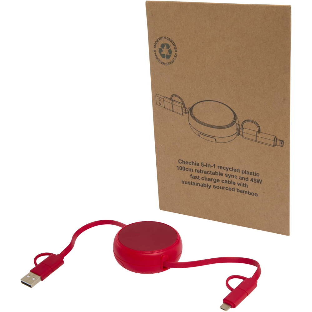 Logotrade promotional items photo of: Alasia 5-in-1 100 cm recycled plastic and aluminium retractable data sync and 45W fast charge cable