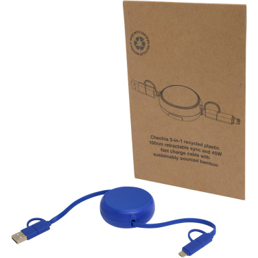 Logotrade corporate gift image of: Alasia 5-in-1 100 cm recycled plastic and aluminium retractable data sync and 45W fast charge cable