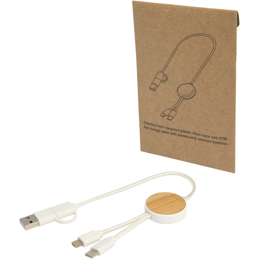 Logotrade promotional giveaway image of: Chechia 5-in-1 recycled plastic 30 cm data sync and 27W fast charge cable with bamboo details