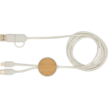 Logo trade promotional giveaways picture of: Chechia 5-in-1 recycled plastic 150 cm data sync and 27W fast charge cable with bamboo details