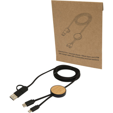 Logo trade advertising products picture of: Chechia 5-in-1 recycled plastic 150 cm data sync and 27W fast charge cable with bamboo details