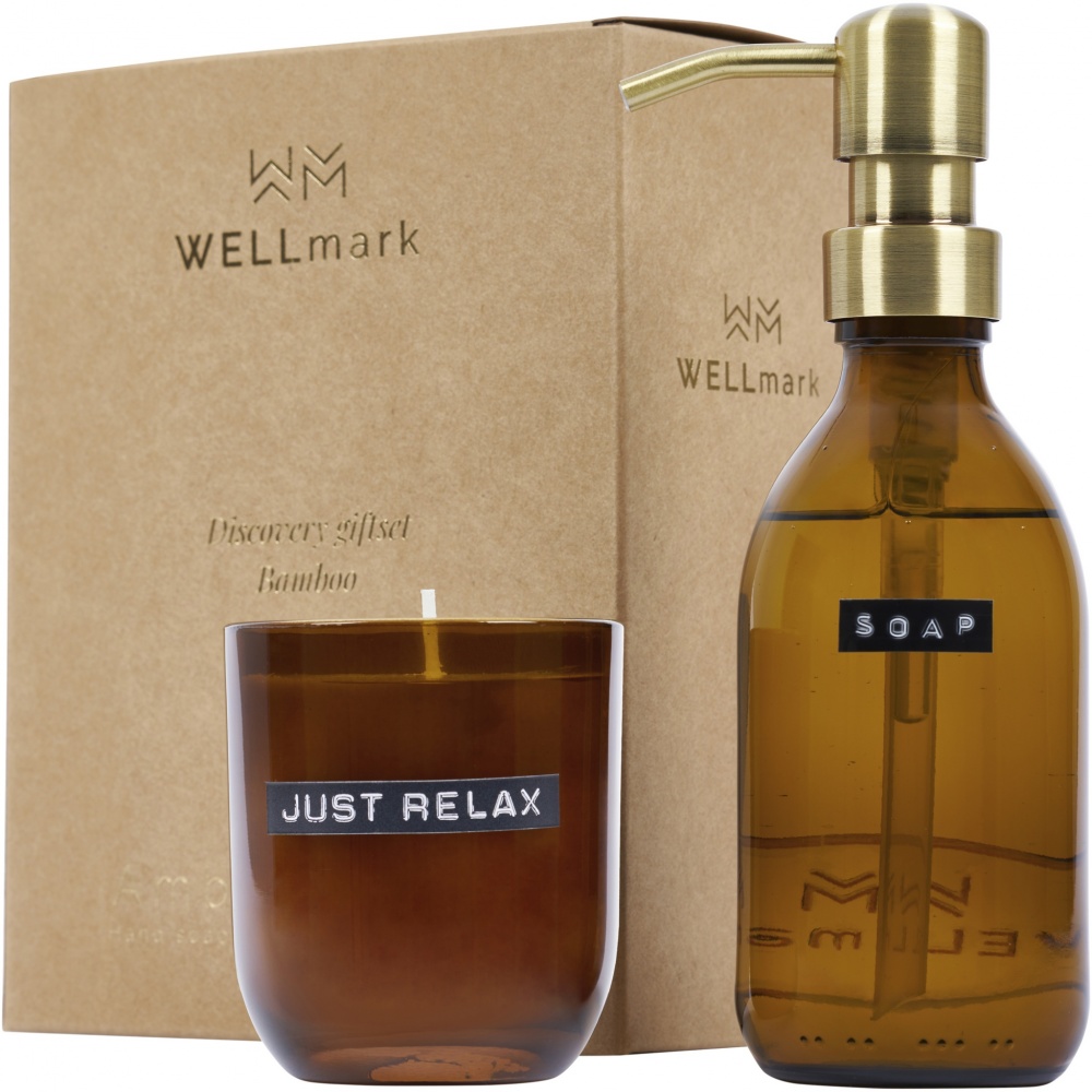 Logotrade liikelahjat kuva: Wellmark Discovery 200 ml:n käsisaippua-annostelija ja 150 g tuoksukynttiläsetti – bambun tuoksu