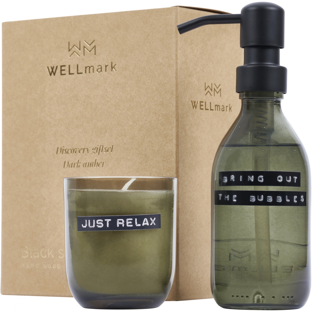 Logo trade liikelahja kuva: Wellmark Discovery 200 ml:n käsisaippua-annostelija ja 150 g tuoksukynttiläsetti – tumman meripihkan tuoksu