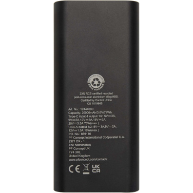 Logotrade logo dāvanas foto: Acamar 20.000 mAh 70W pārstrādāta alumīnija klēpjdatora pārnēsājamais akumulators