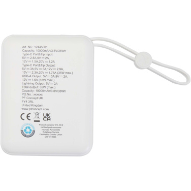 Logotrade biznesa dāvanas foto: Acrux 10.000 mAh 35W planšetdatora pārnēsājamais akumulators ar iebūvētu C tipa kabeli - izgatavots no pārstrādātas plastmasas